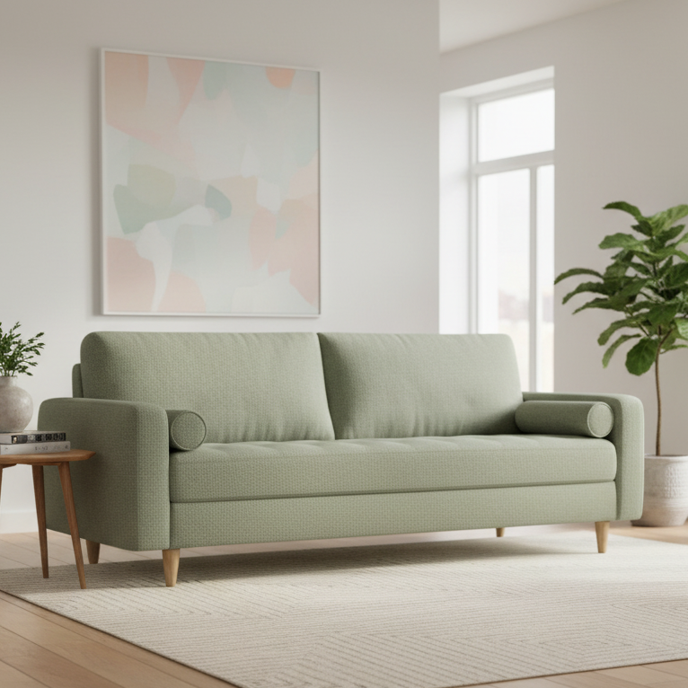 Green sofa in a living room with a abstract painting on the wall and plants.