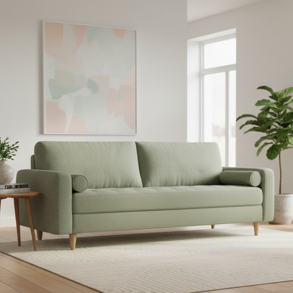 Green sofa in a living room with a abstract painting on the wall and plants.