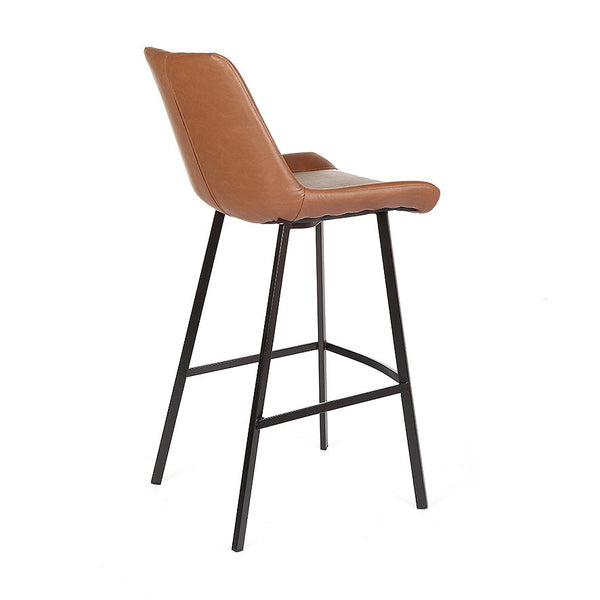 Cognac PU bar stool with curved back and padded seat, supported by black metal legs