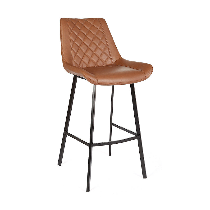 Cognac PU bar stool with quilted back, padded seat, and black metal legs