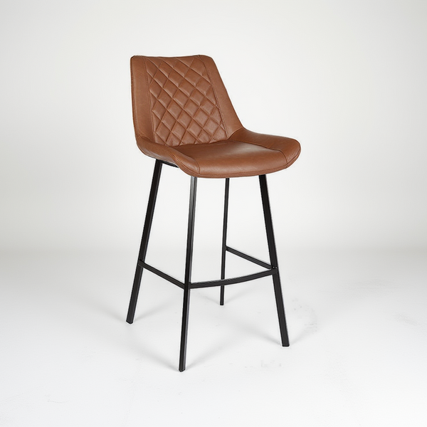 Cognac PU bar stool with diamond-quilted back, padded seat, and black metal stand