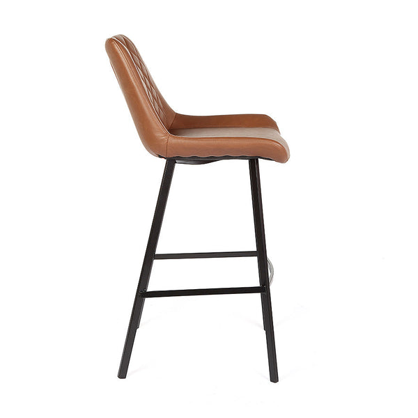 Brown PU bar stool with sculpted back, padded seat, and black metal pedestal legs