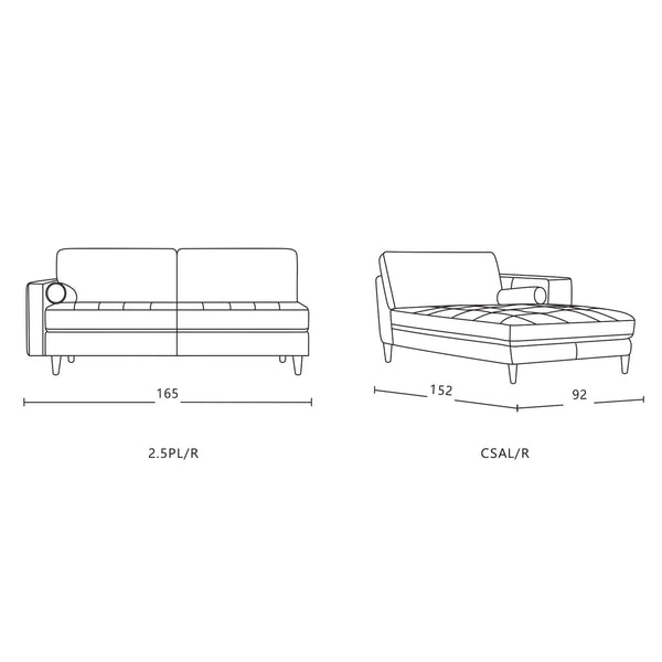 2.5 seater chaise sofa line diagram with measurements, seat and chaise orientation view