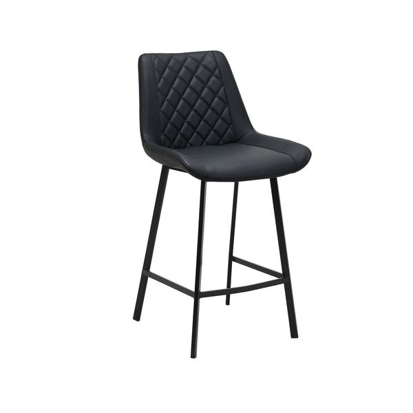 Black PU bar stool with quilted backrest, contoured seat, and black metal legs