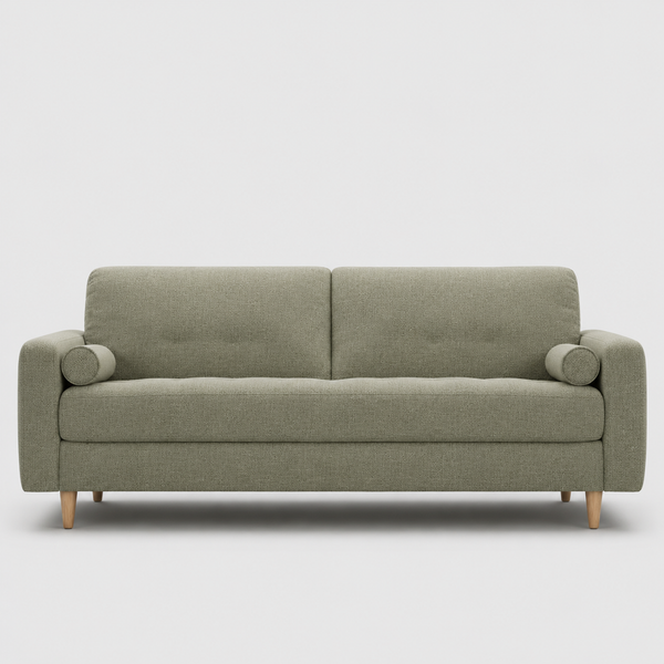 Sage upholstered sofa with rounded arms, two back cushions, and wooden legs