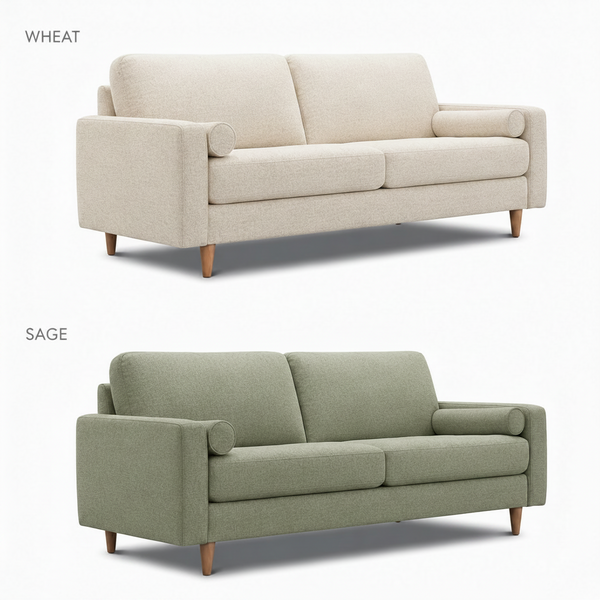 Sofa upholstered in wheat and sage fabric, cushioned arms and seat