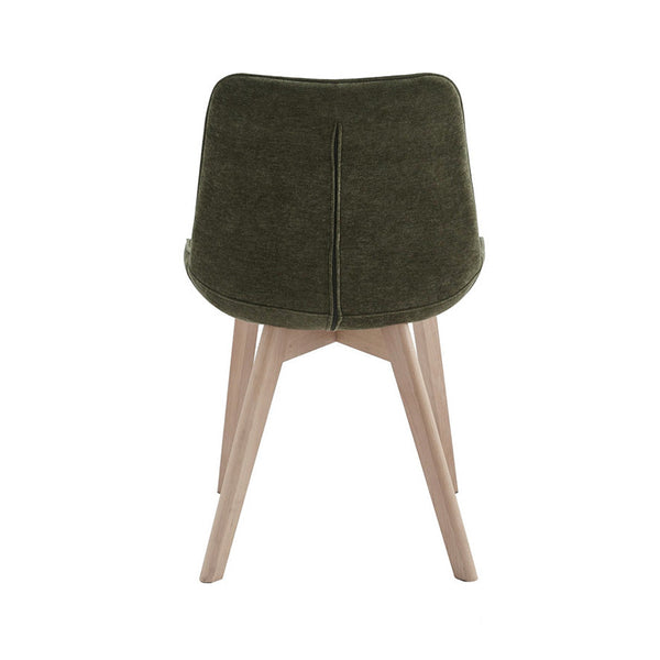 Upholstered dining chair with dark green back and seat, natural wood tapered legs.