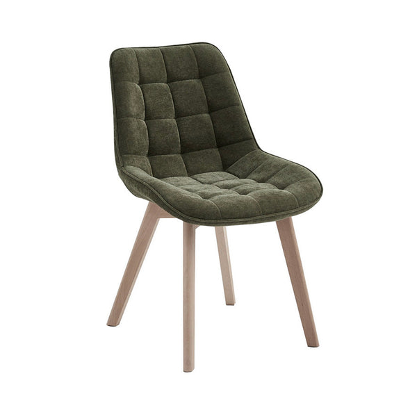 Green upholstered chair with wooden legs on a white background