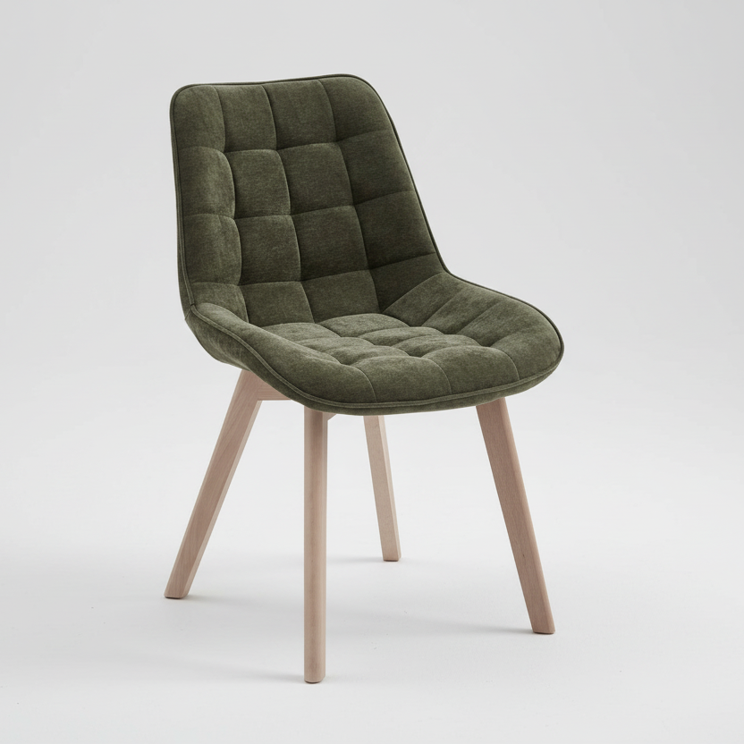 Green upholstered chair with wooden legs on a white background