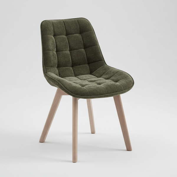 Green upholstered chair with wooden legs on a white background