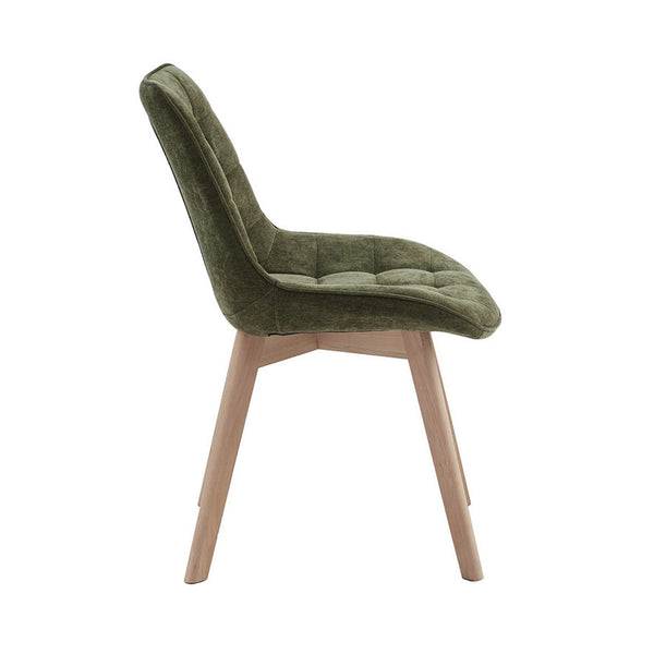Dining chair with green upholstered seat, back and armrests, natural wood legs.