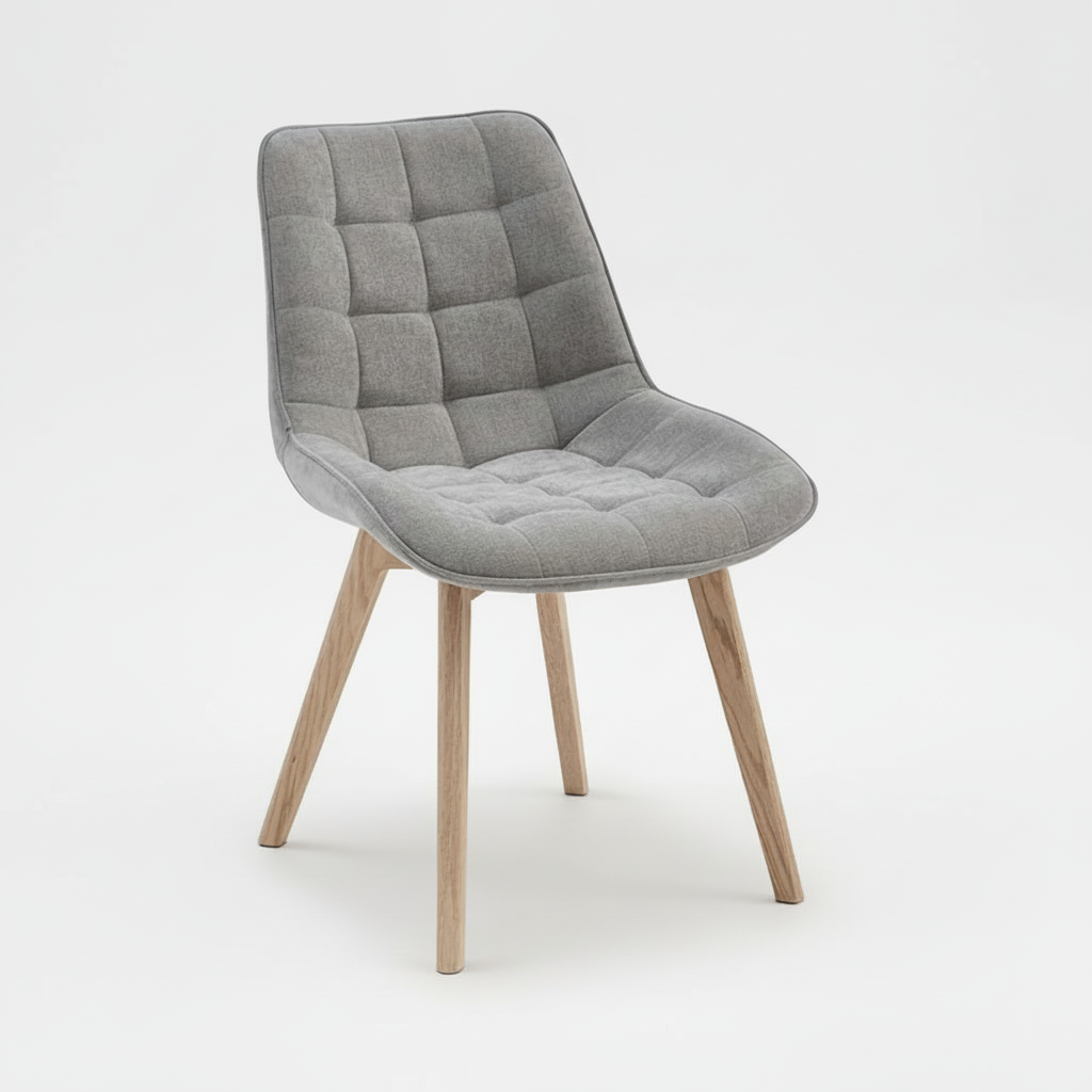 Gray upholstered chair with wooden legs on a white background