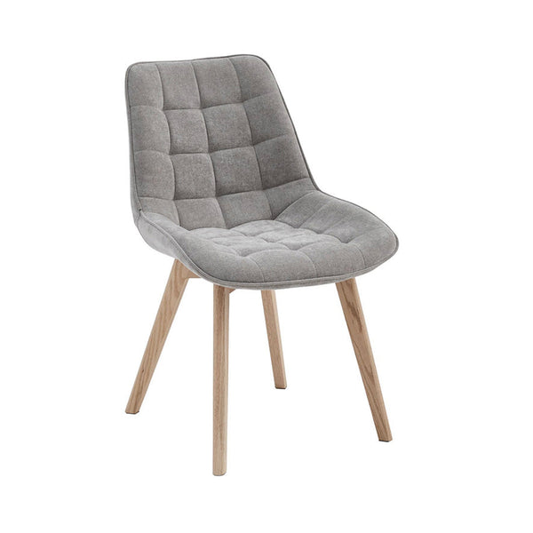 Light grey upholstered dining chair with cushioned checkered back and seat, wooden legs
