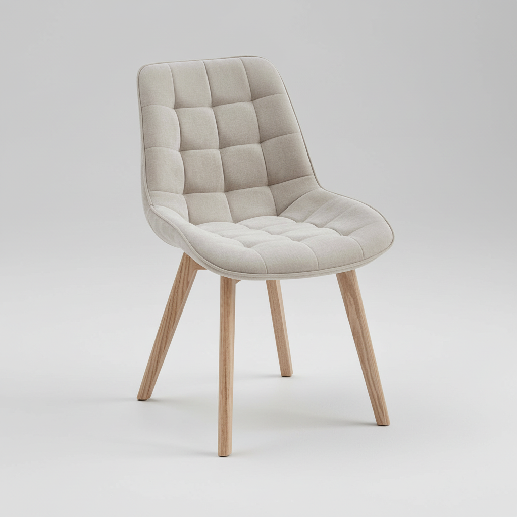 Taupe quilted dining chair with curved back and natural wood tapered legs