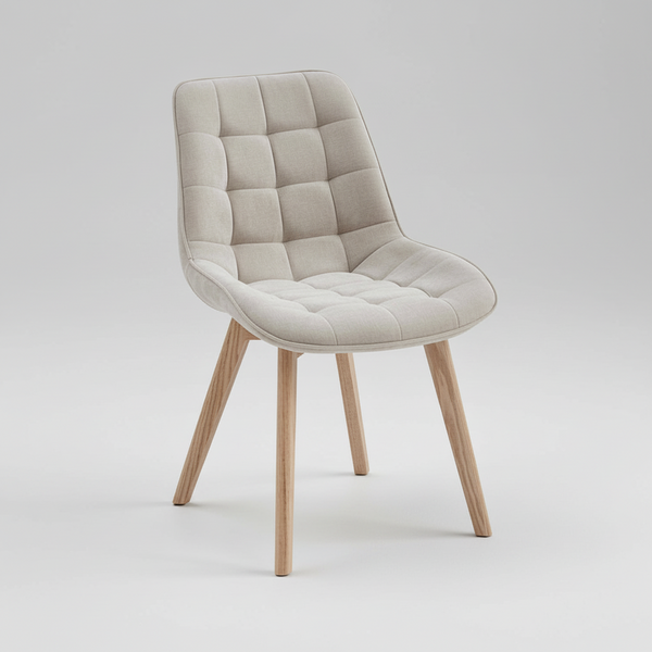 Taupe quilted dining chair with curved back and natural wood tapered legs