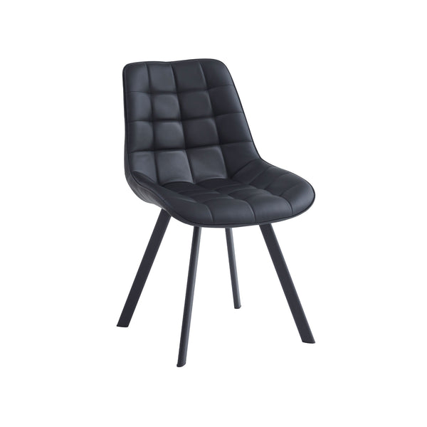 Dark grey dining chair with quilted square pattern on seat and back, black tapered legs.