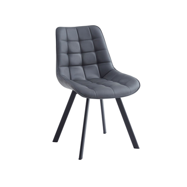 Dark grey dining chair with quilted seat and back, armless design, black tapered legs.