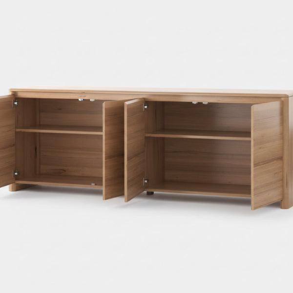 Light wood buffet cabinet with hinged doors and open storage shelves