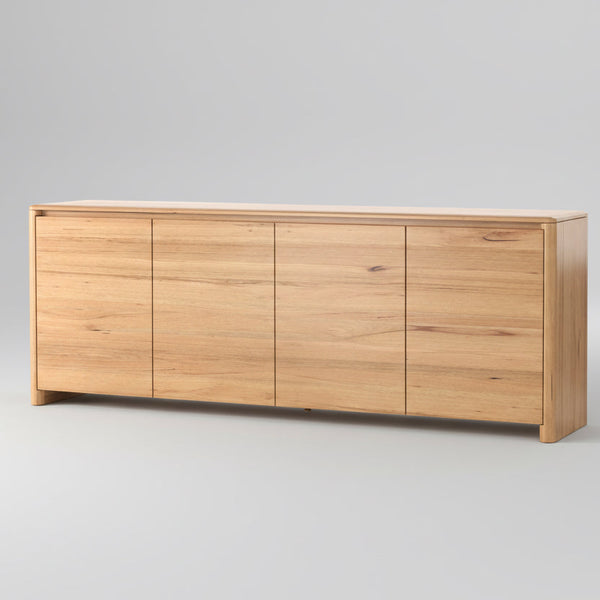 Light wood buffet cabinet with four front doors and flat panel design