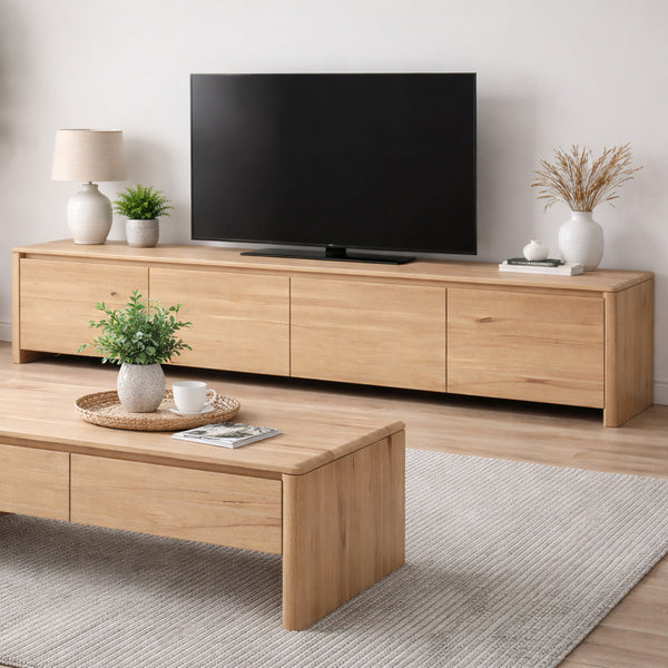 Galati TV unit in light wood with TV shelf, drawers, and cabinet doors