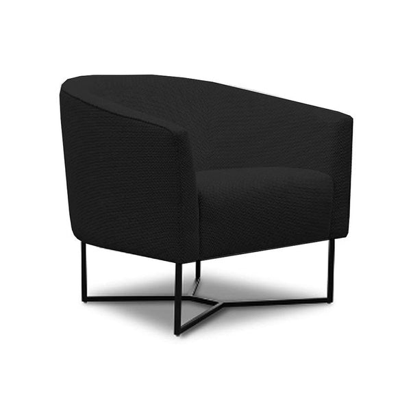 Accent chair with black upholstered seat and armrests, black metal base, square profile