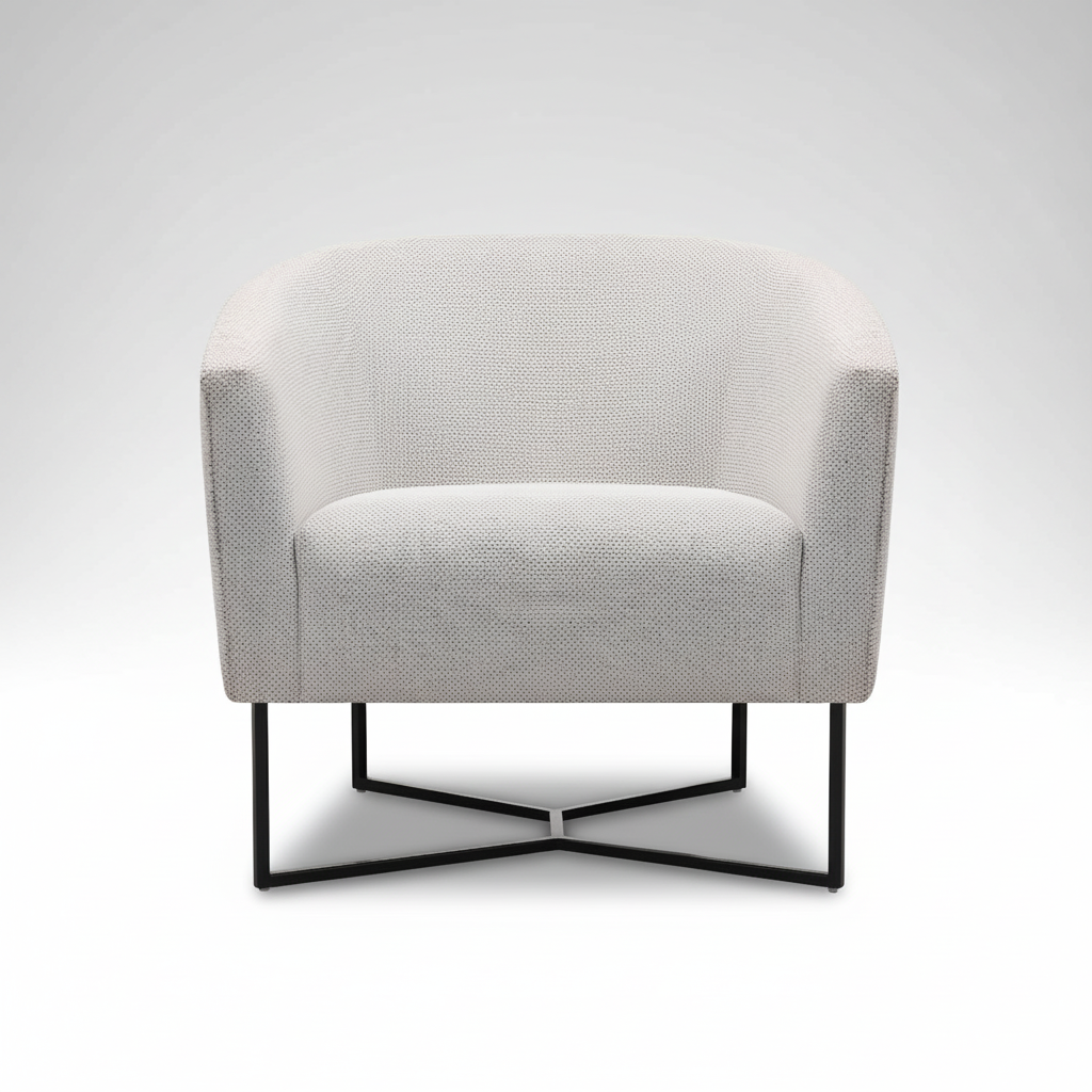 Accent chair with light beige upholstered seat and rounded arms, black metal base