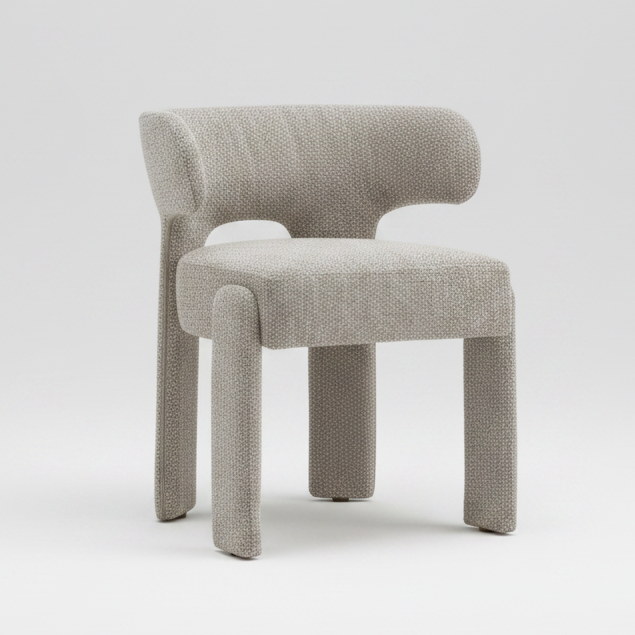 A modern upholstered accent chair with a textured bouclé fabric in a light gray-beige tone, featuring a curved backrest, integrated armrests, and block legs, shown on a plain white background.