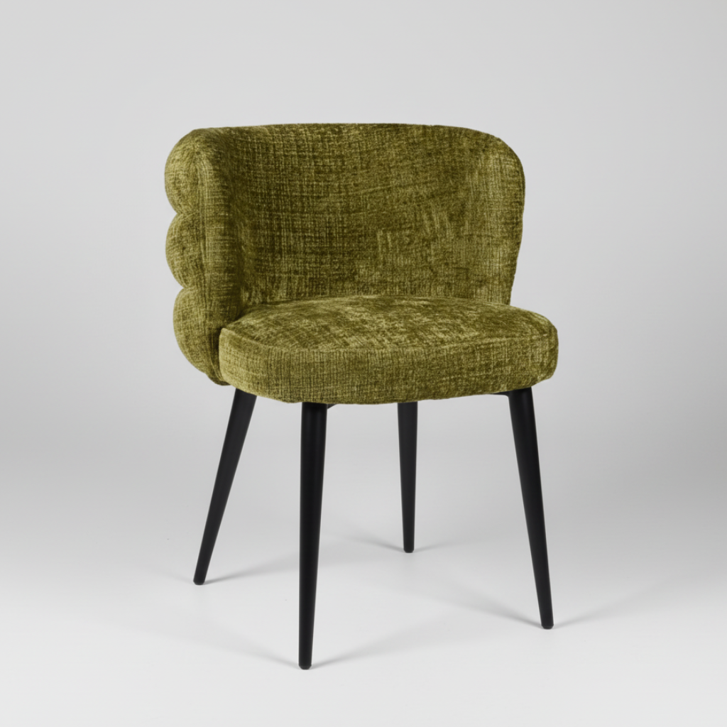Moss green upholstered dining chair with barrel back, curved seat, black legs