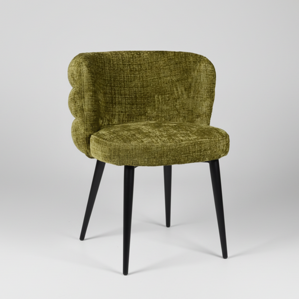 Moss green upholstered dining chair with barrel back, curved seat, black legs