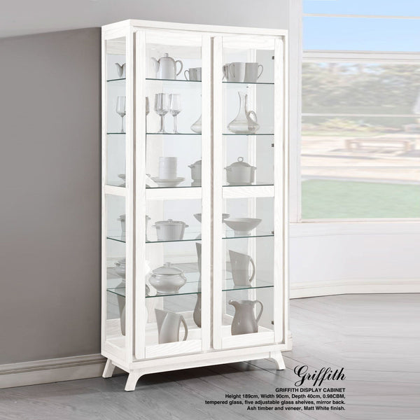 Griffith matt white display cabinet with glass doors and multiple interior shelves