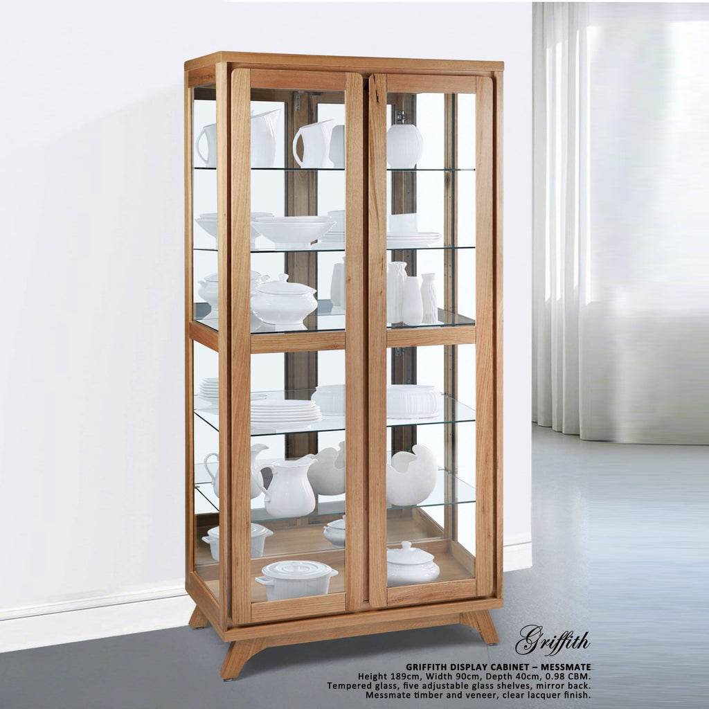 Messmate timber display cabinet with two glass doors and multiple glass shelves