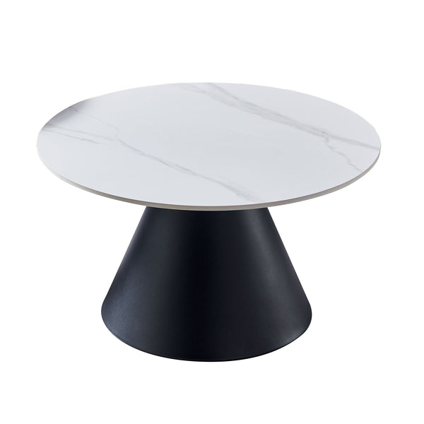 Round white marble-top coffee table with black tapered pedestal base