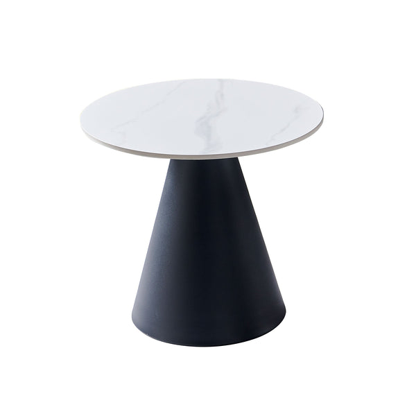 Round white marble-top side table with black tapered pedestal base