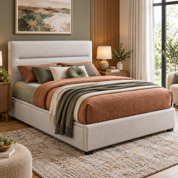 Hagan Lift Bed in Beige Fabric Lifestyle