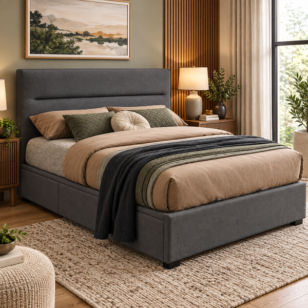 Hagan Lift Bed in Dark Grey Fabric Lifestyle