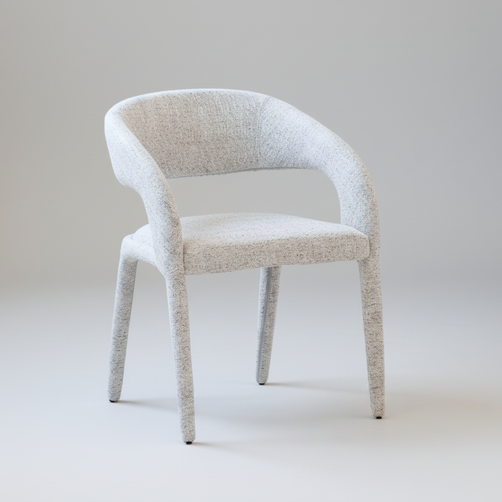 Light-blue upholstered dining chair with rounded back, armrests, and tapered legs
