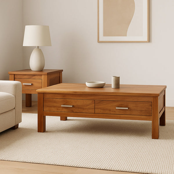 Wooden coffee table with two drawers and smooth rectangular top