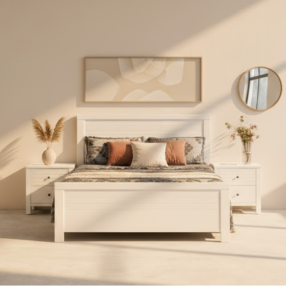 White wooden bed frame with slatted headboard and two side drawers, low panel design