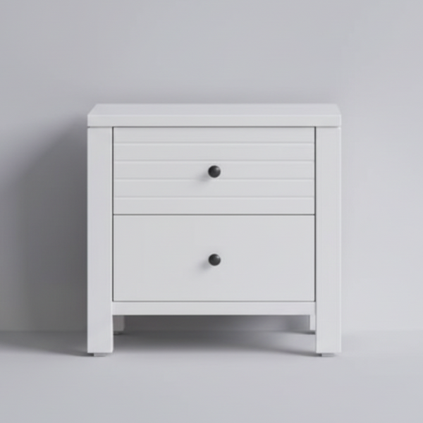 White wooden bedside table with two drawers and round metal knobs