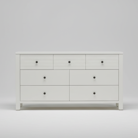 White wooden dresser with six drawers and round metal knobs