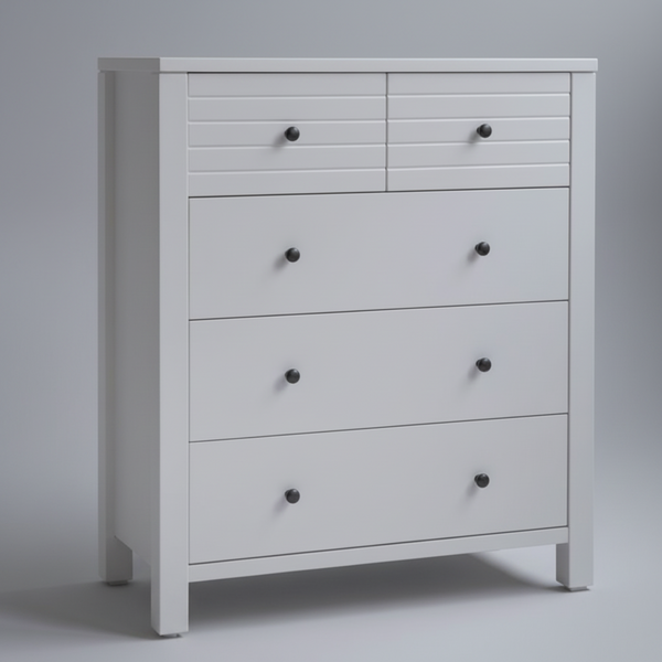 White wooden dresser with five drawer fronts and round metal knobs