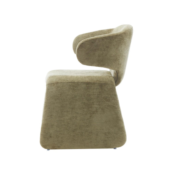 Olive chenille dining chair with arched backrest and blocky cushioned seat, 4 legs