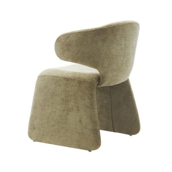 Olive upholstered dining chair with curved backrest and side panels, tapered legs