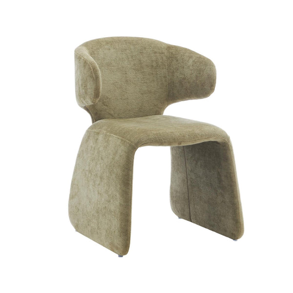 Olive chenille dining chair with rounded back and cushioned seat, curved arms