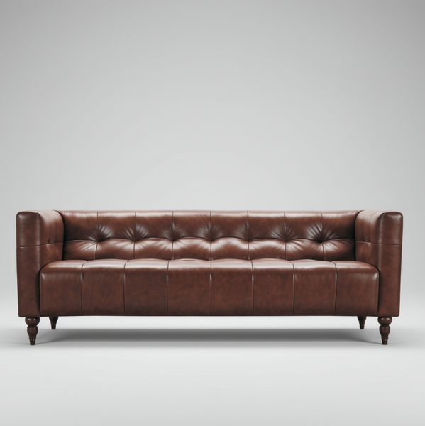 Brown leather sofa front view with button-tufted back, panelled seat, and turned legs