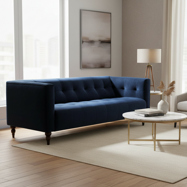 Dark blue velvet sofa with tufted seat, square arms, and wooden legs