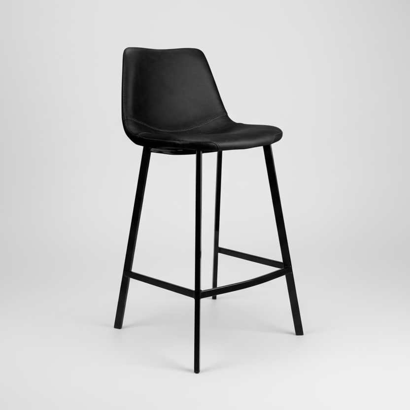 Black upholstered bar stool with contoured seat, open frame footrest, four metal legs.