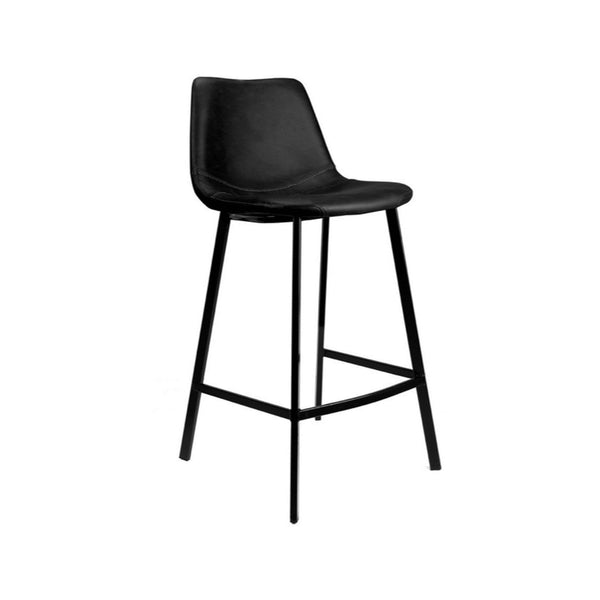 Black bar stool with upholstered seat and back, black metal legs and footrest.
