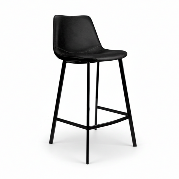 Black bar stool with curved upholstered backrest and seat, slim metal legs with footrest.