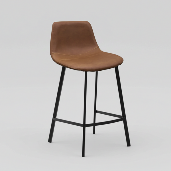 Vintage cognac bar stool with curved padded seat, stitched back, and black metal legs